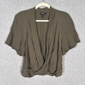 Express‎ Draped Wrap Blouse Large Olive Army Plunge Feminine Romantic